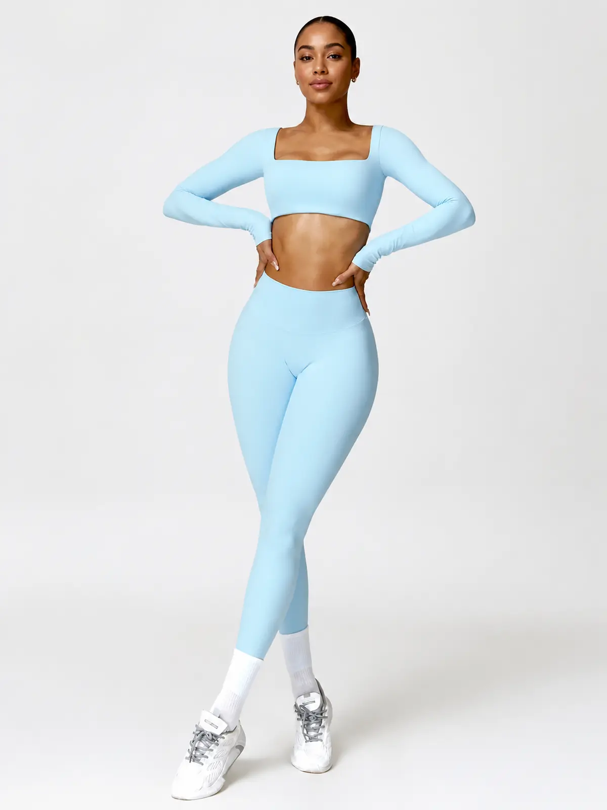 Rookery Tide Square-Neck Long-Sleeve Crop Top and Full-Length Leggings Set — sky blue — general — authoritative variation image