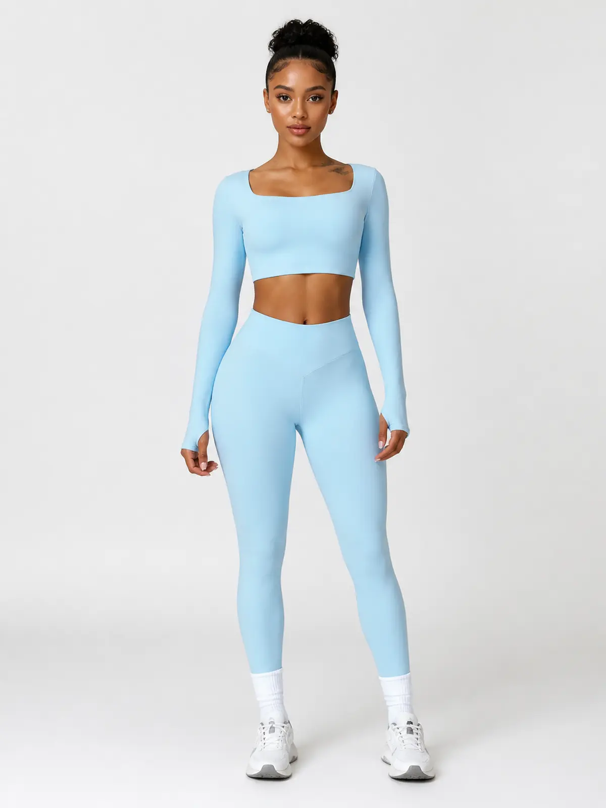 Rookery Tide Square-Neck Long-Sleeve Crop Top and Full-Length Leggings Set — sky blue — general — authoritative variation match