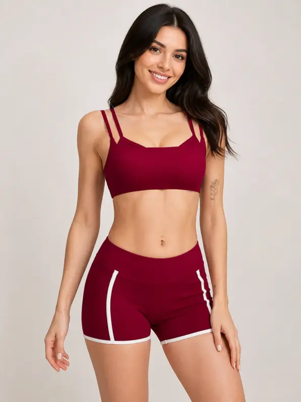 Rosefield Line Square-Neck Sports Bra and Shorts Set — burgundy red with white trim — general — authoritative variation match