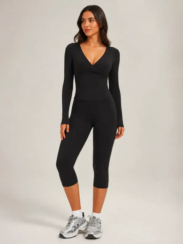 Rosette Interval Long-Sleeve Wrap Top and Capri Leggings Set — black — general — authoritative variation match
