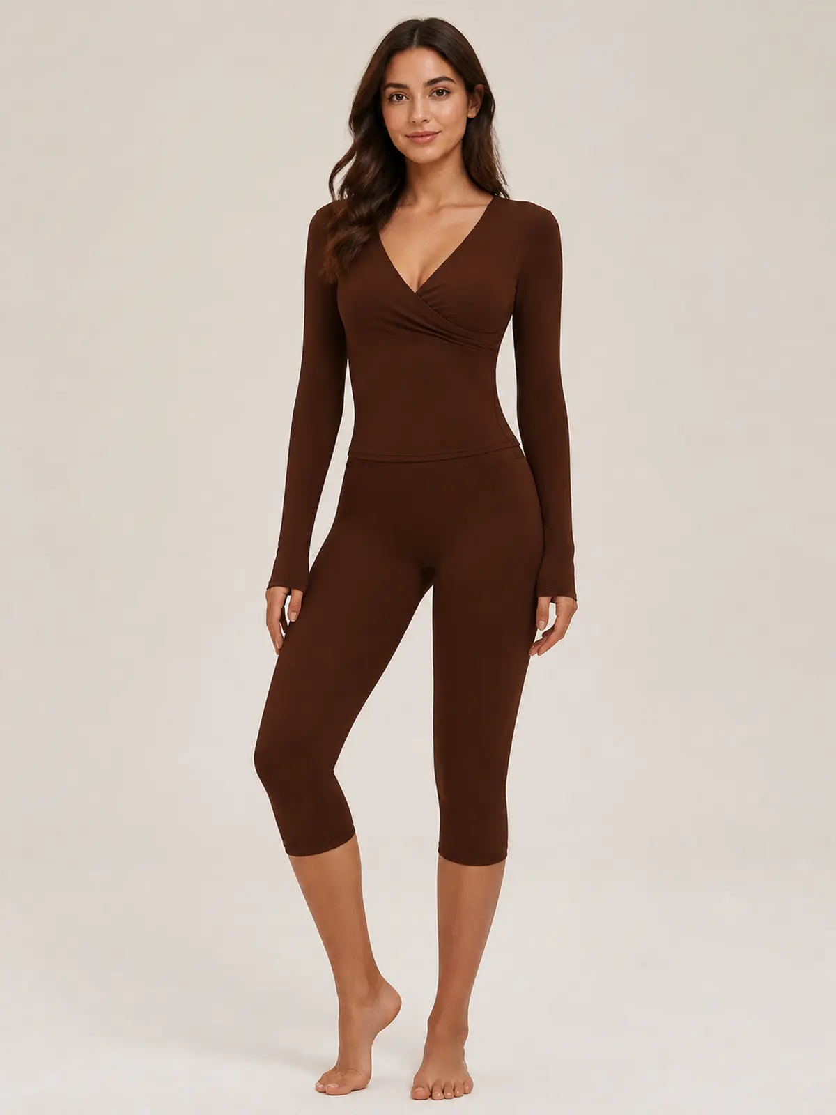Rosette Interval Long-Sleeve Wrap Top and Capri Leggings Set — chocolate brown — general — authoritative variation match