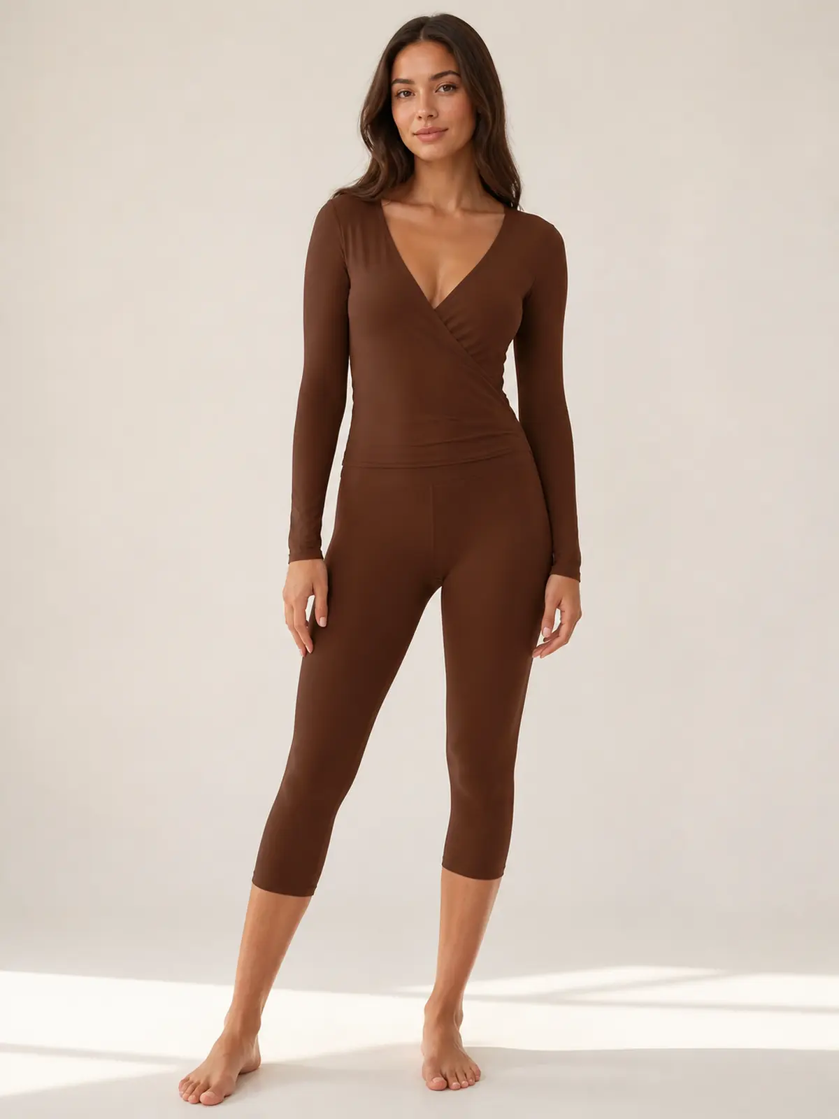 Rosette Interval Long-Sleeve Wrap Top and Capri Leggings Set — chocolate brown — general — authoritative variation match