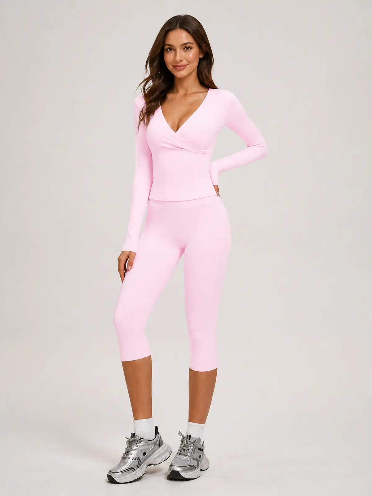 Rosette Interval Long-Sleeve Wrap Top and Capri Leggings Set — light pink — general — authoritative variation match
