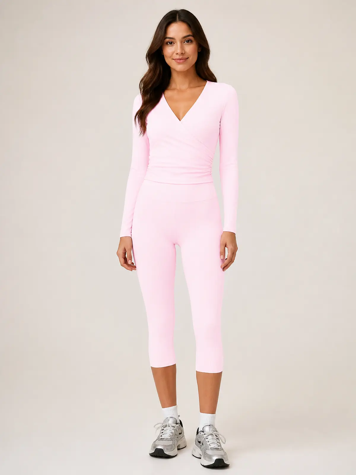 Rosette Interval Long-Sleeve Wrap Top and Capri Leggings Set — light pink — general — authoritative variation match
