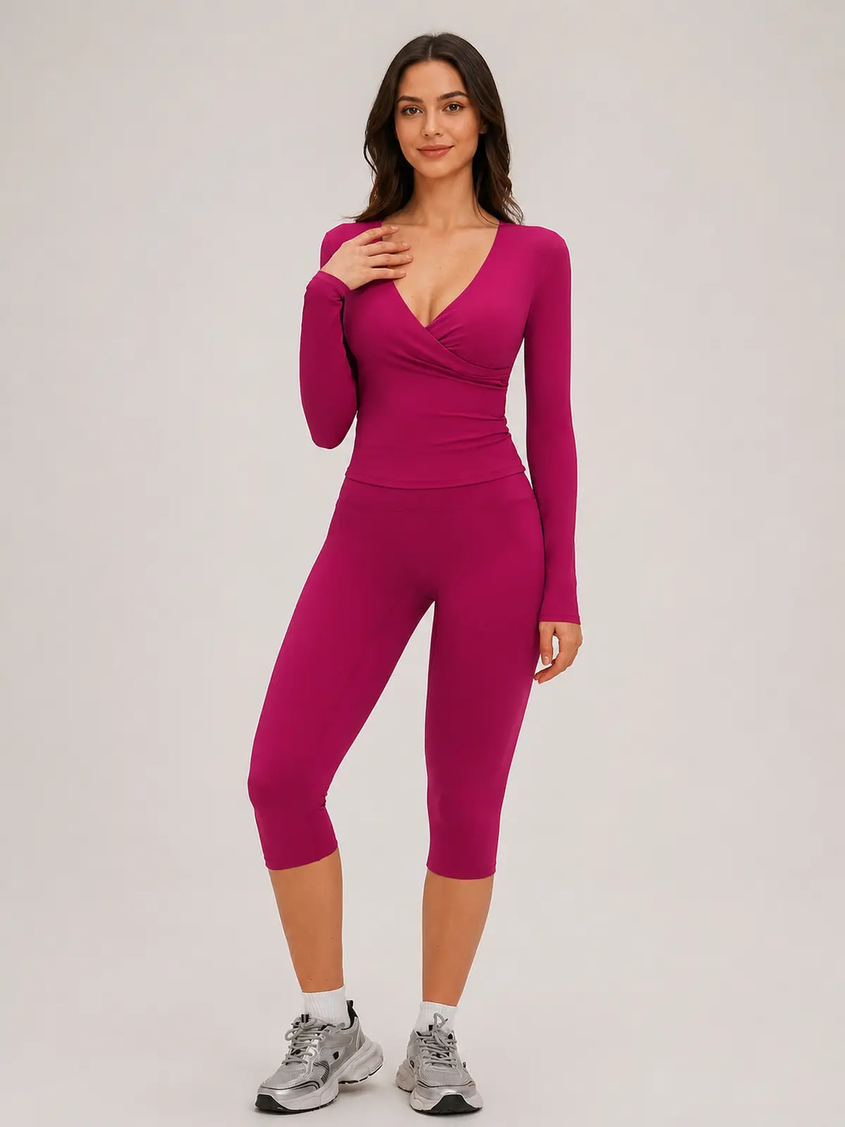 Rosette Interval Long-Sleeve Wrap Top and Capri Leggings Set — raspberry red — general — authoritative variation match