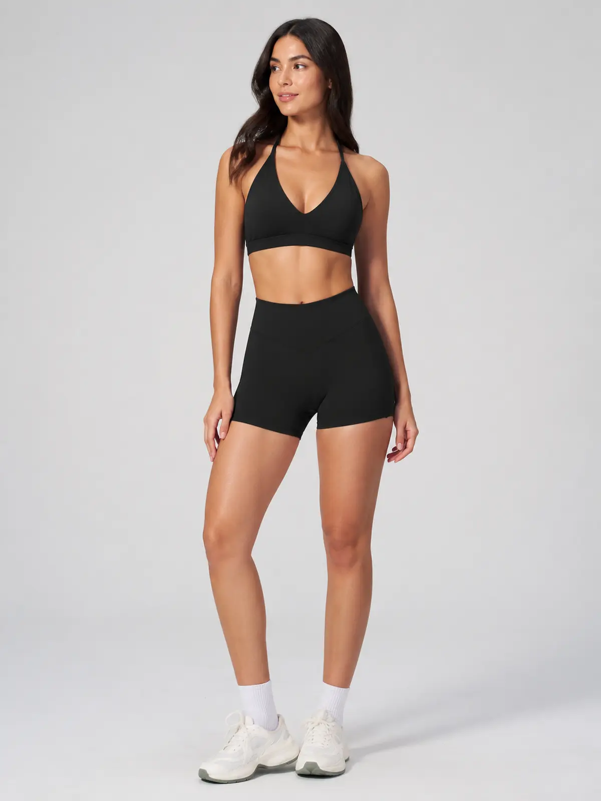 Rowan Current Halter Sports Bra and Bike Shorts Set — black — general — authoritative variation match