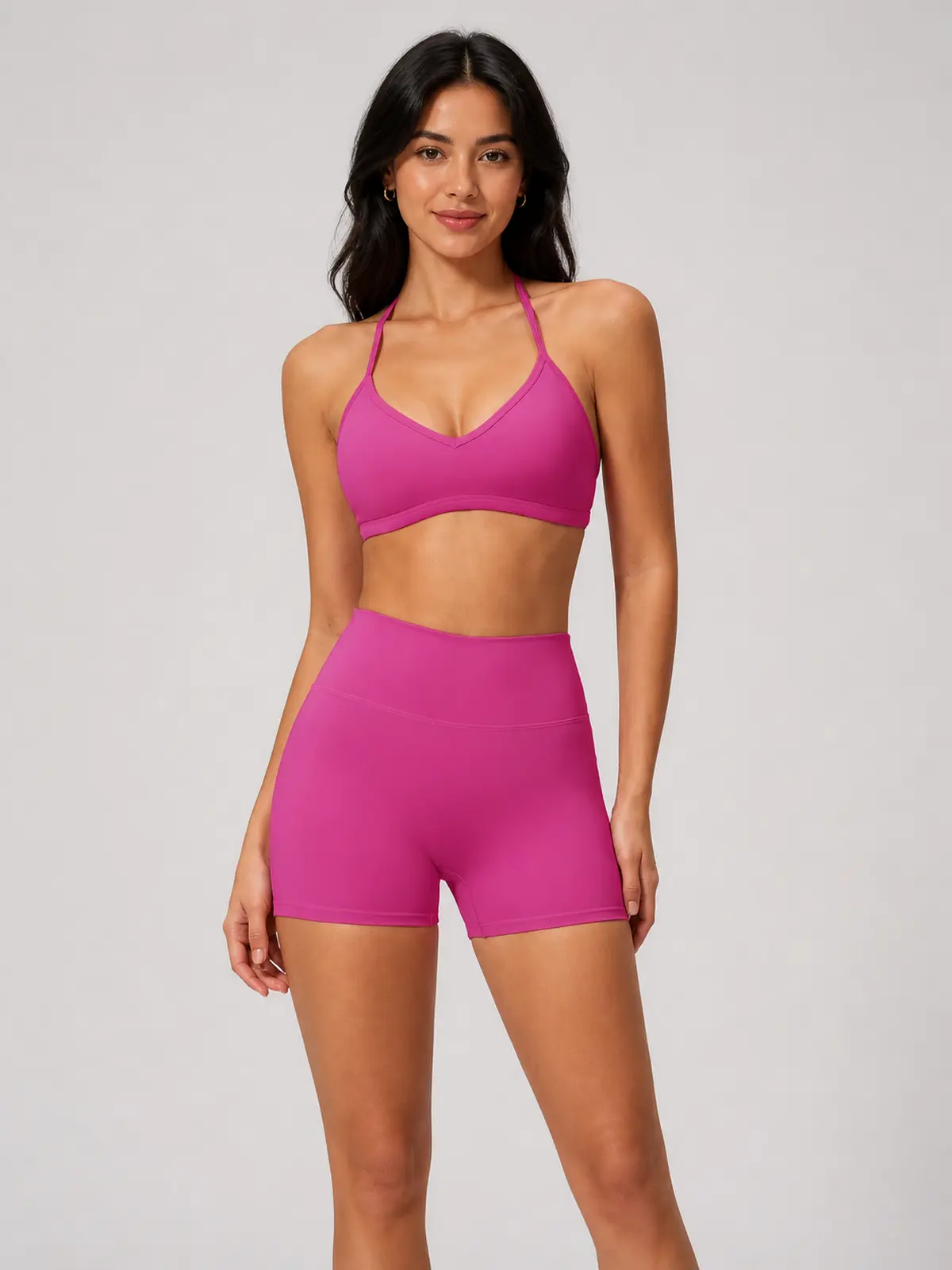 Rowan Current Halter Sports Bra and Bike Shorts Set — bright pink — general — authoritative variation match