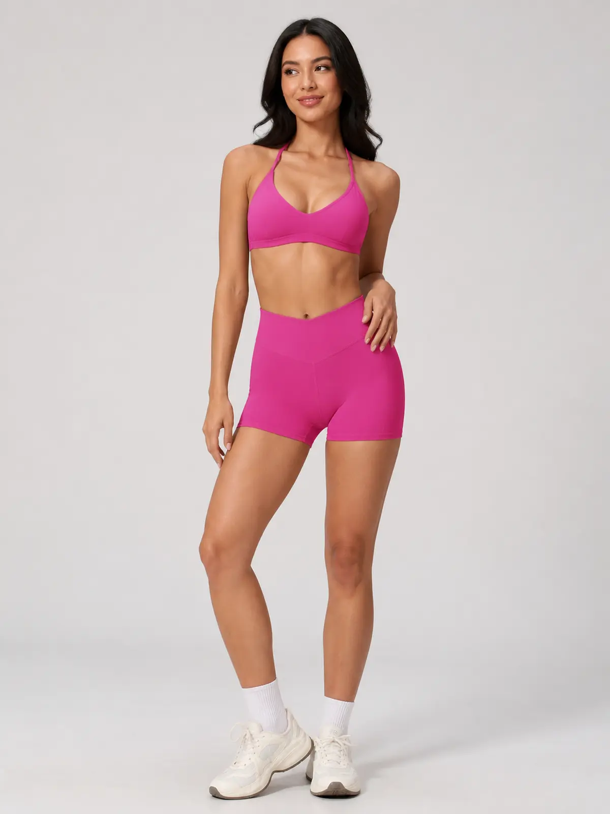 Rowan Current Halter Sports Bra and Bike Shorts Set — bright pink — general — authoritative variation match