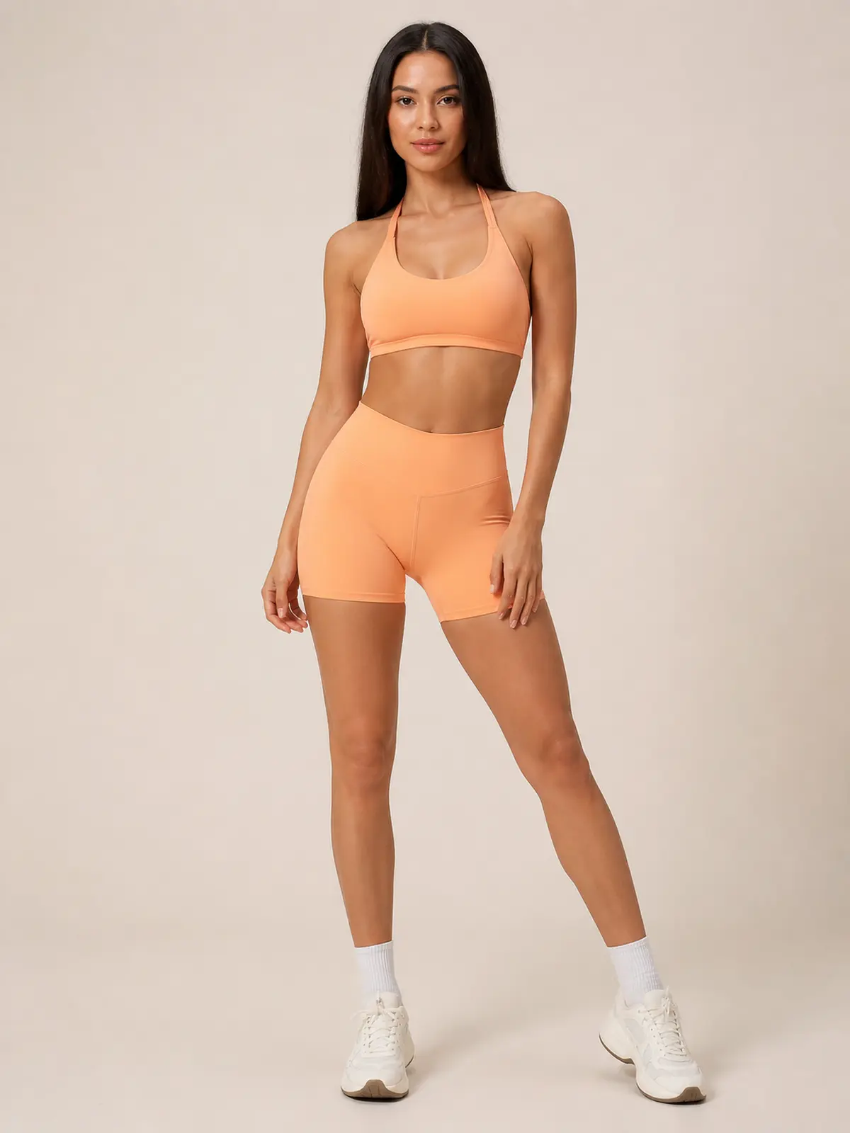 Rowan Current Halter Sports Bra and Bike Shorts Set — peach orange — general — authoritative variation match