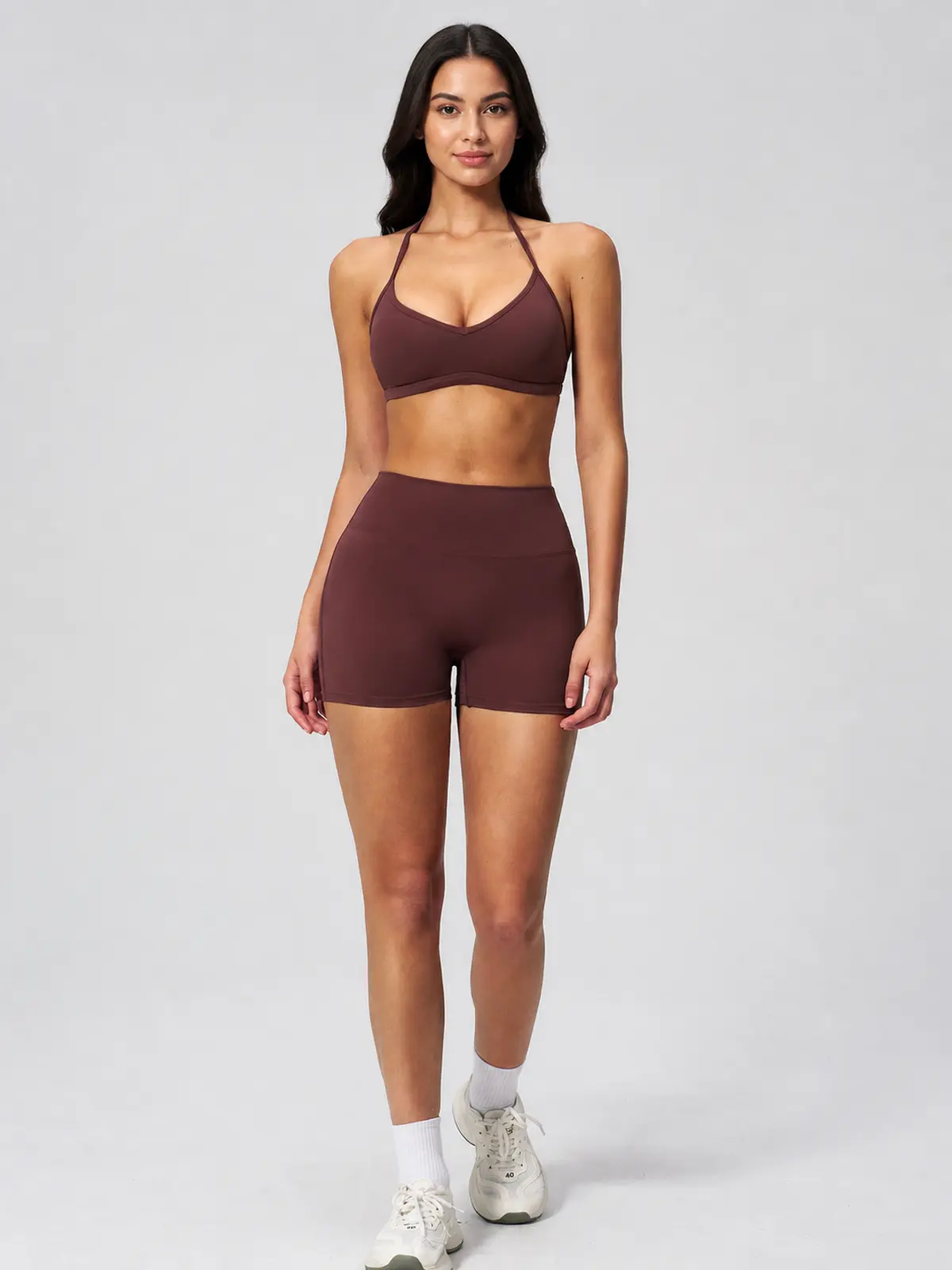 Rowan Current Halter Sports Bra and Bike Shorts Set — studio portrait