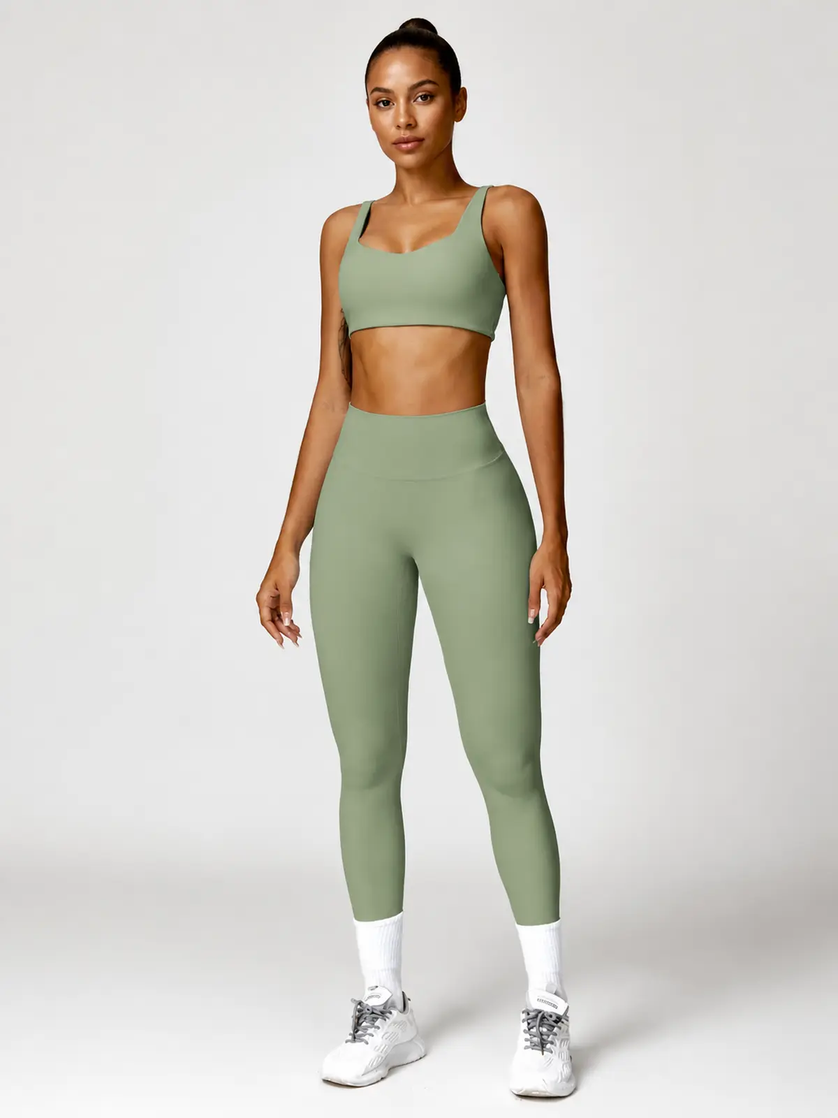 Sable Lattice Wide-Strap Scoop-Neck Sports Bra and Full-Length Leggings Set — basil green — general — authoritative variation image
