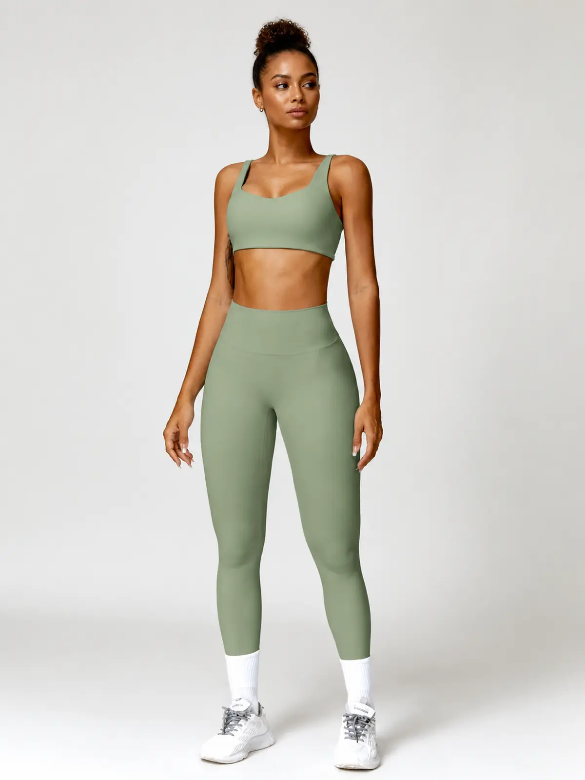 Sable Lattice Wide-Strap Scoop-Neck Sports Bra and Full-Length Leggings Set — basil green — general — authoritative variation match