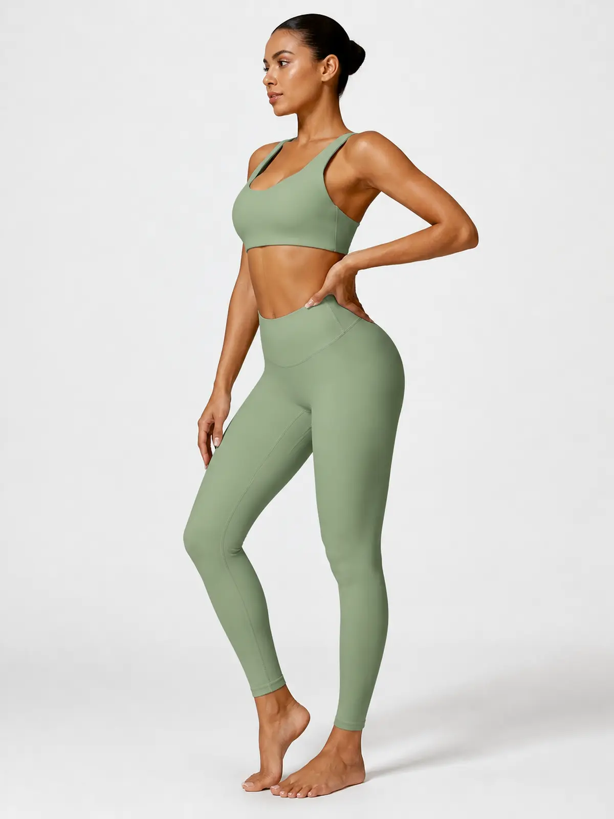 Sable Lattice Wide-Strap Scoop-Neck Sports Bra and Full-Length Leggings Set — basil green — general — authoritative variation match