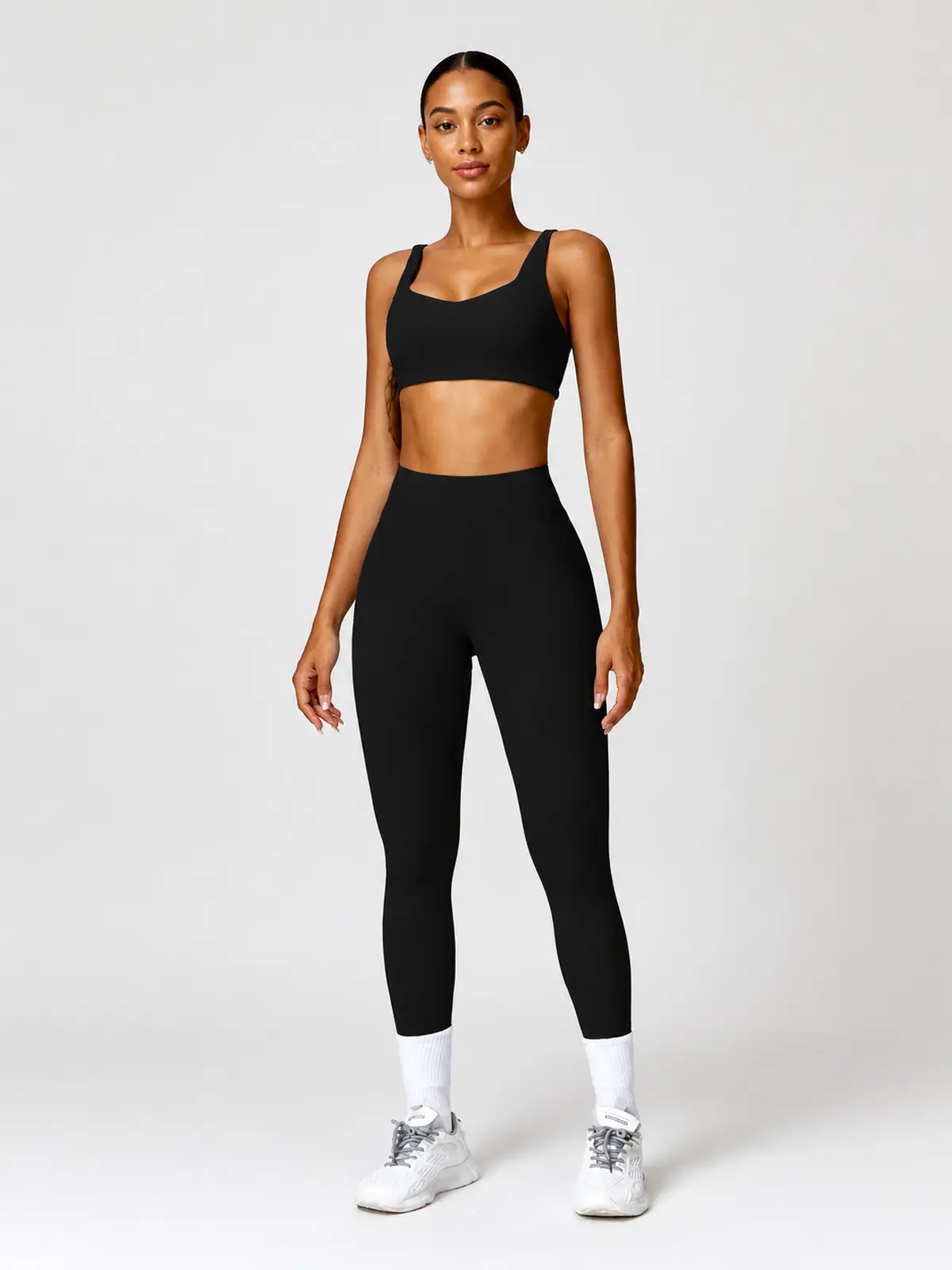Sable Lattice Wide-Strap Scoop-Neck Sports Bra and Full-Length Leggings Set — black — general — authoritative variation image