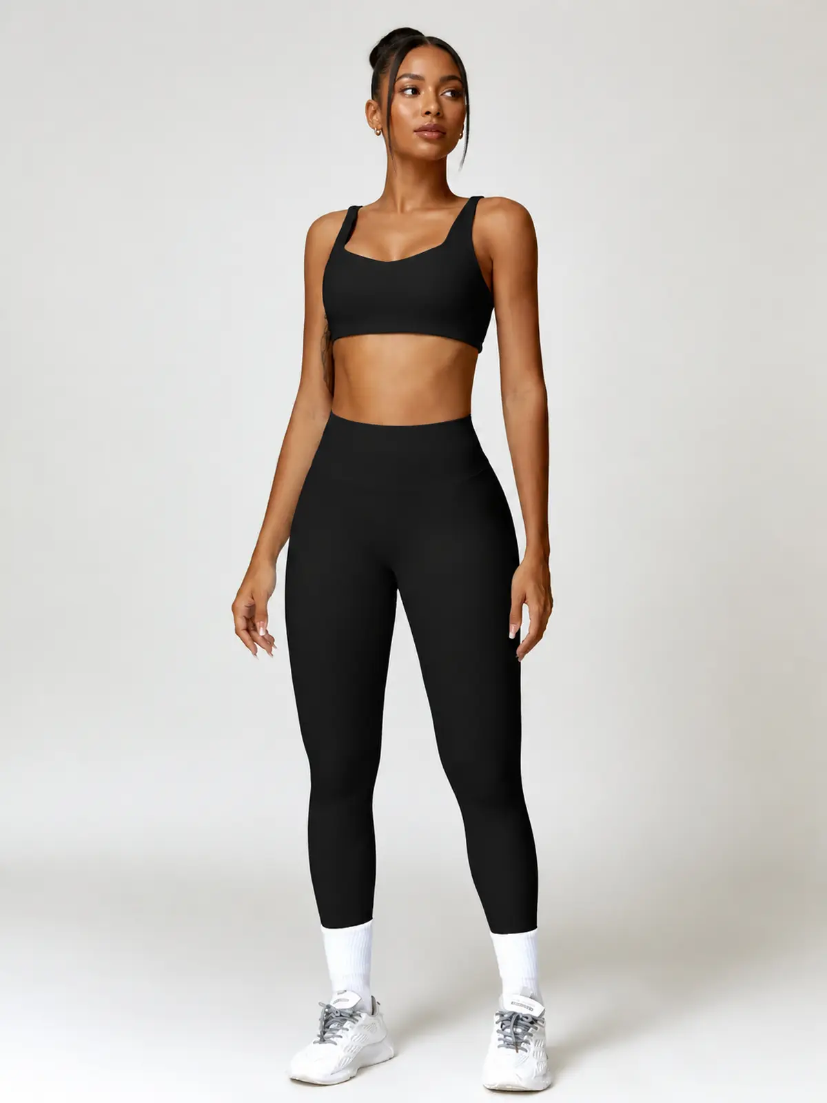 Sable Lattice Wide-Strap Scoop-Neck Sports Bra and Full-Length Leggings Set — black — general — authoritative variation match