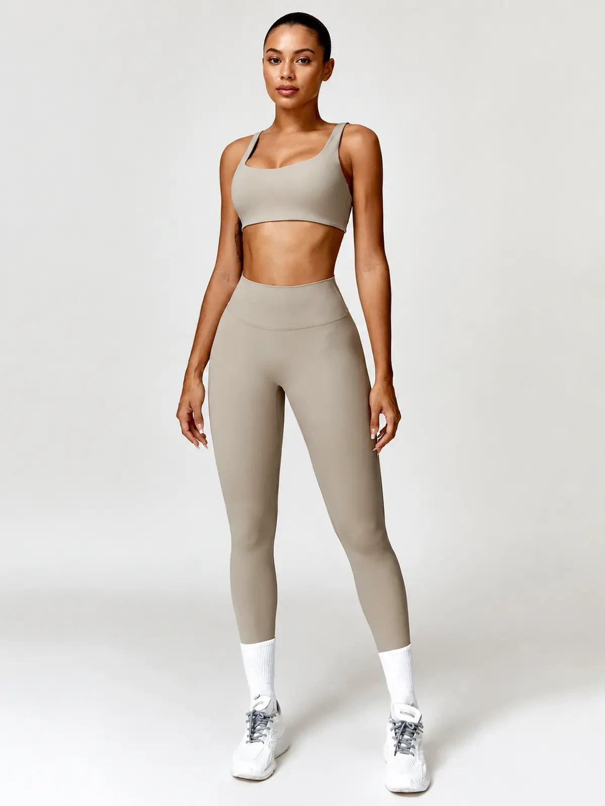 Sable Lattice Wide-Strap Scoop-Neck Sports Bra and Full-Length Leggings Set — light khaki beige — general — authoritative variation image