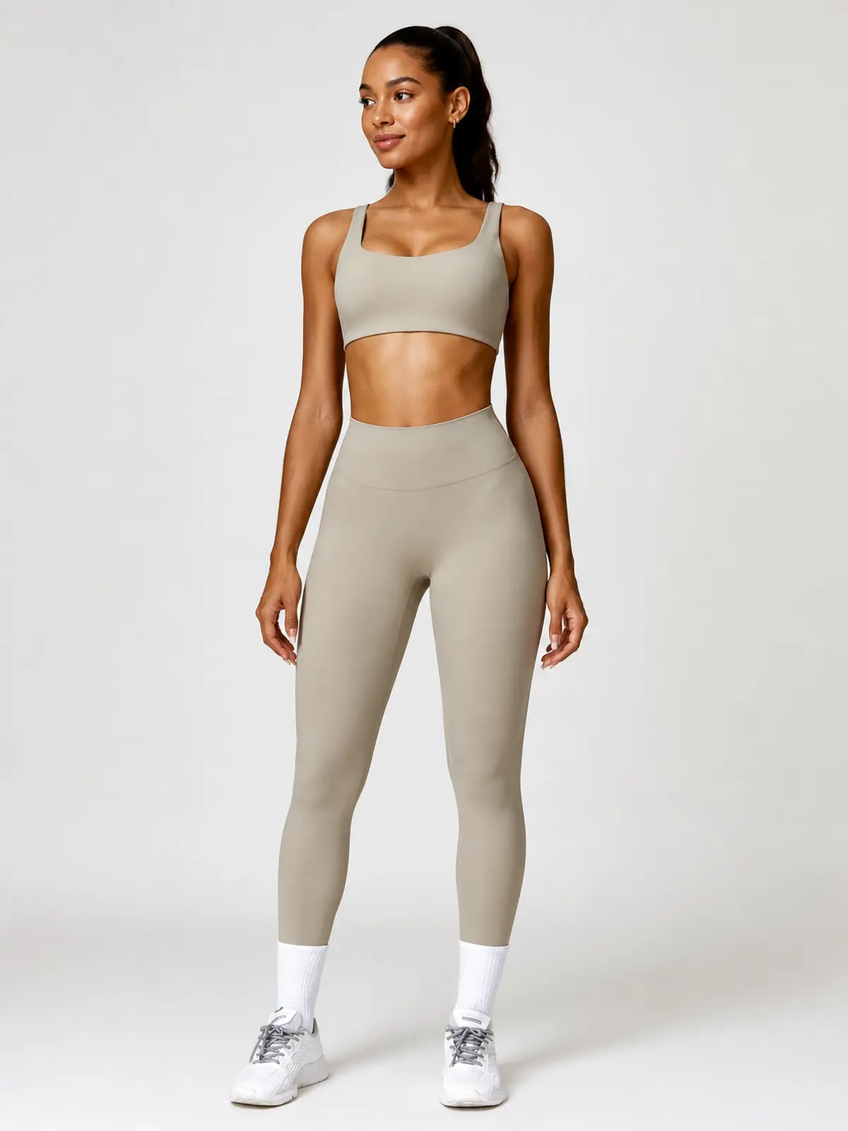 Sable Lattice Wide-Strap Scoop-Neck Sports Bra and Full-Length Leggings Set — light khaki beige — general — authoritative variation match
