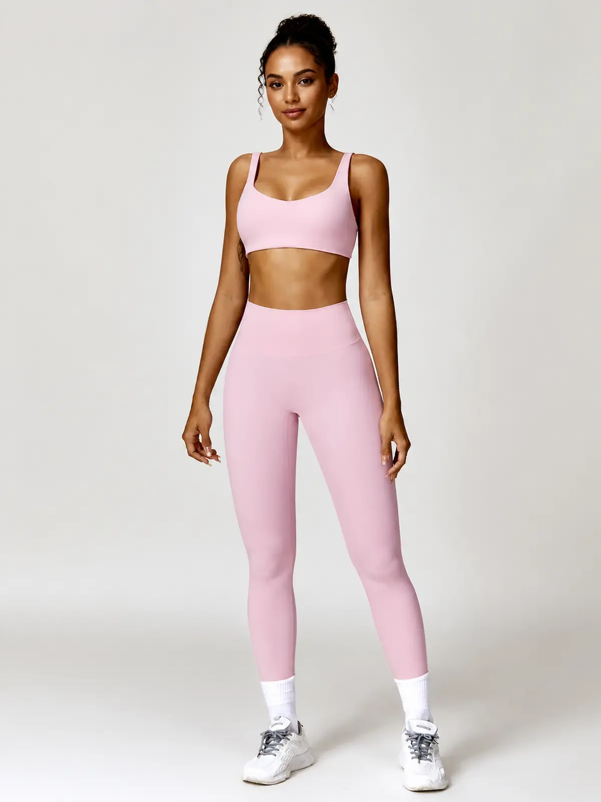 Sable Lattice Wide-Strap Scoop-Neck Sports Bra and Full-Length Leggings Set — light pink — general — authoritative variation match