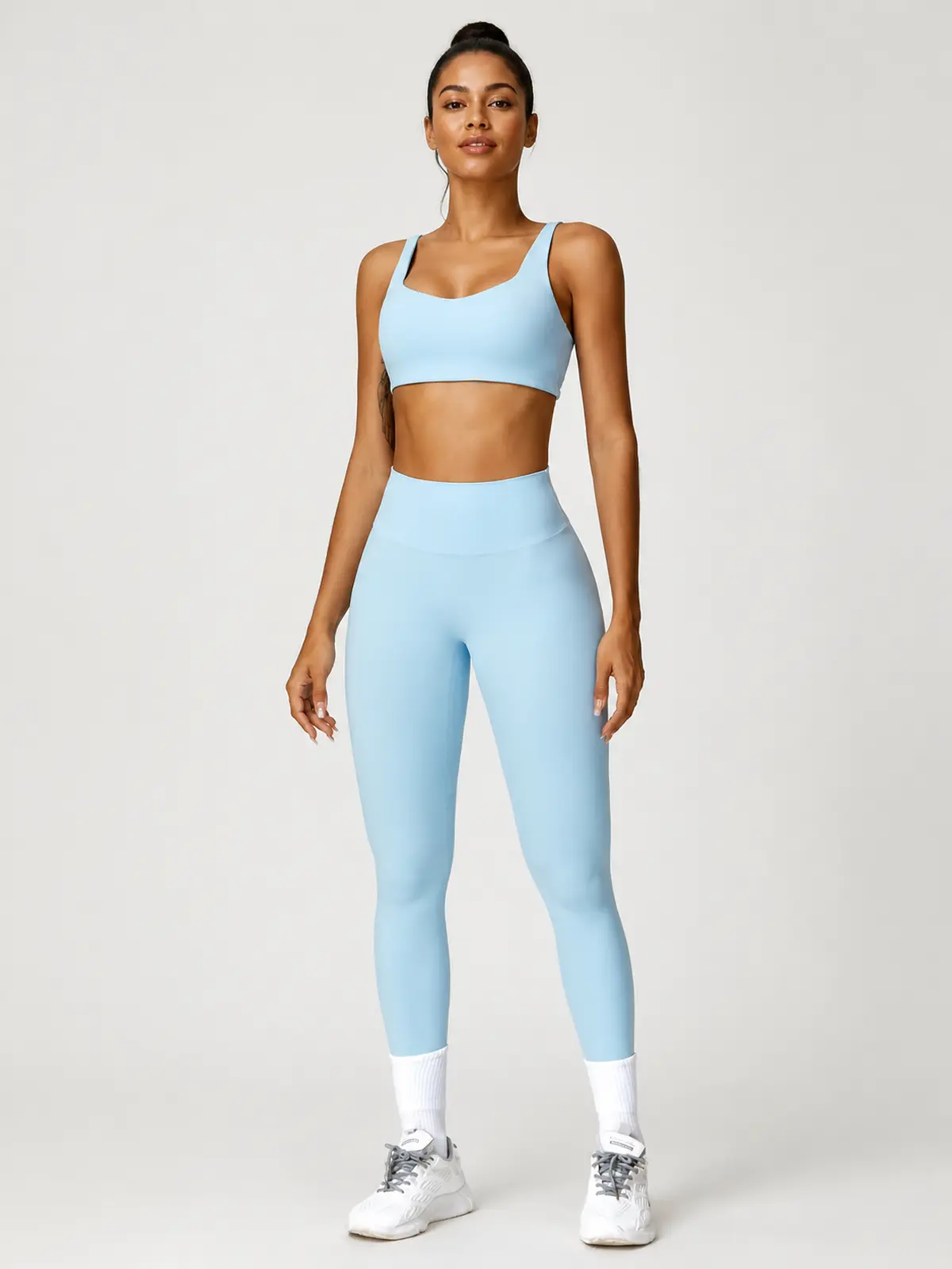 Sable Lattice Wide-Strap Scoop-Neck Sports Bra and Full-Length Leggings Set — sky blue — general — authoritative variation match