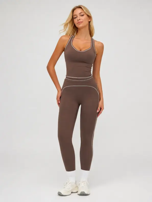 Sable Relay Tank Top and Leggings Set — deep brown with white contrast piping — general — authoritative variation match