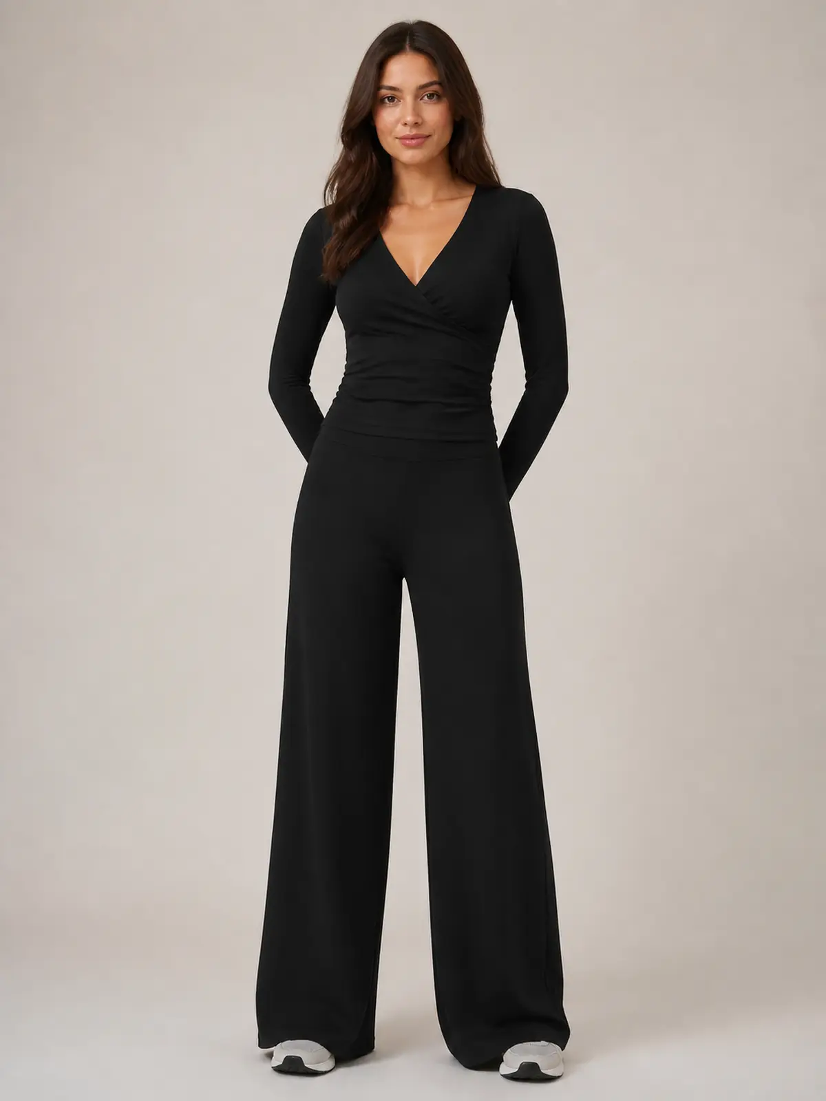 Sable Reverie Long-Sleeve Wrap Top and Wide-Leg Pants Set — black — general — authoritative variation match