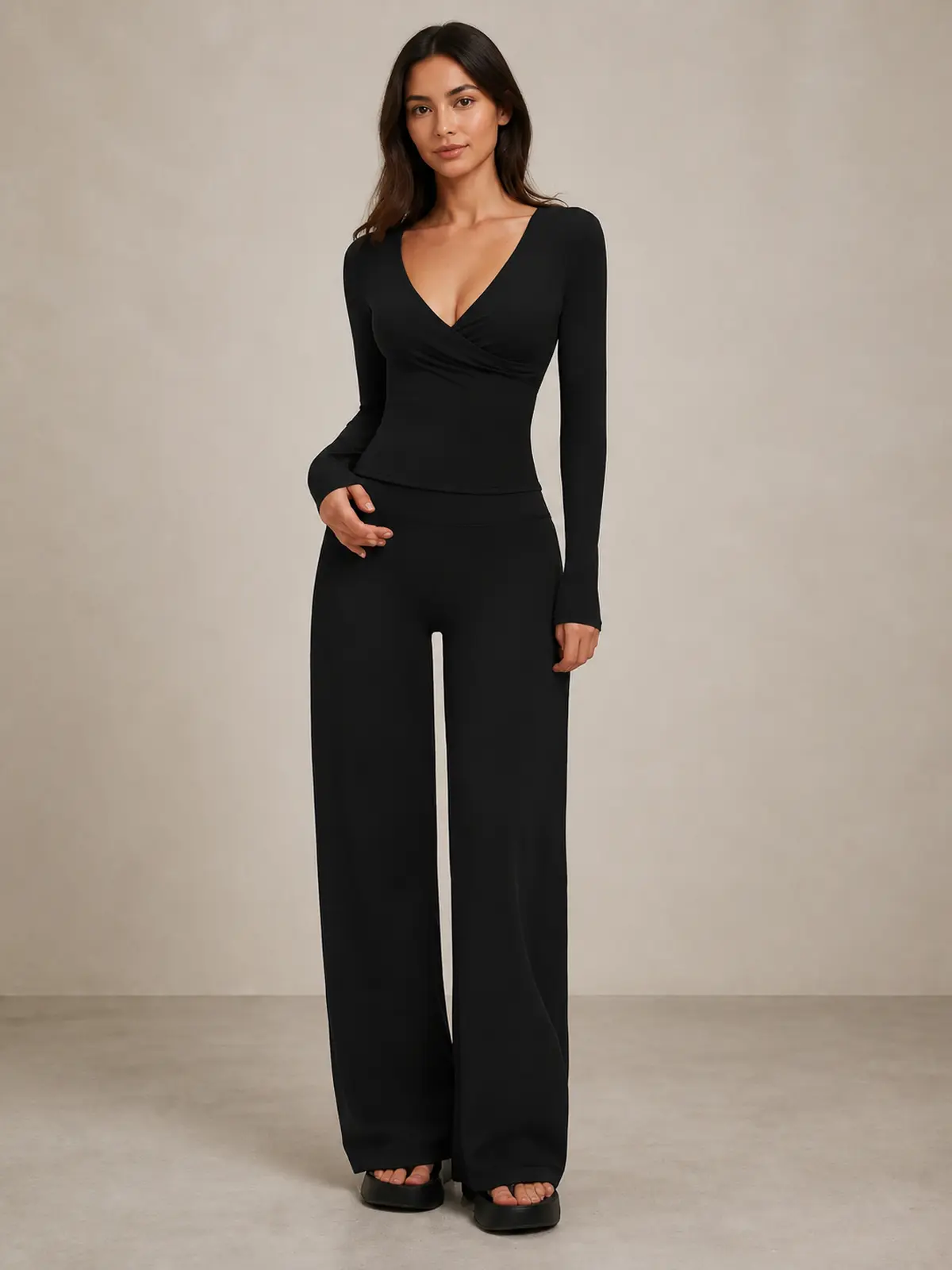 Sable Reverie Long-Sleeve Wrap Top and Wide-Leg Pants Set — black — general — authoritative variation match