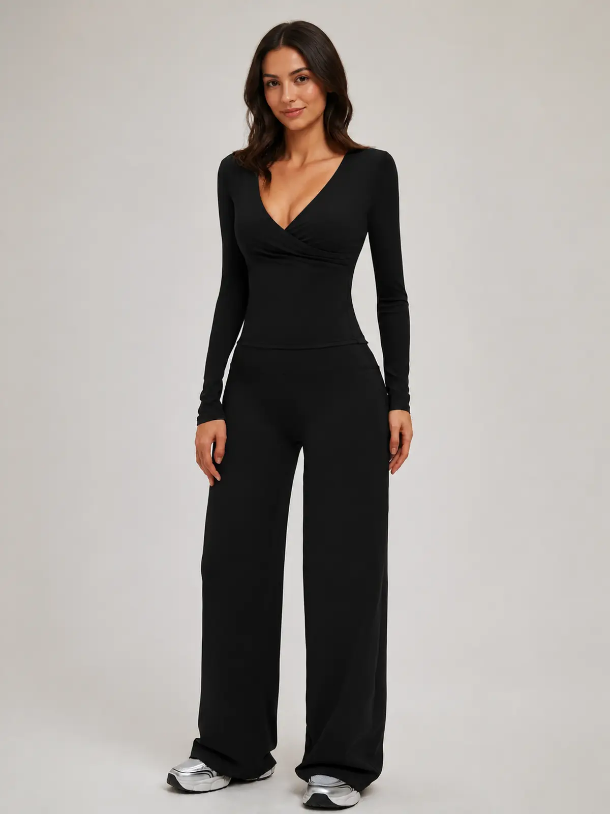 Sable Reverie Long-Sleeve Wrap Top and Wide-Leg Pants Set — black — general — authoritative variation match