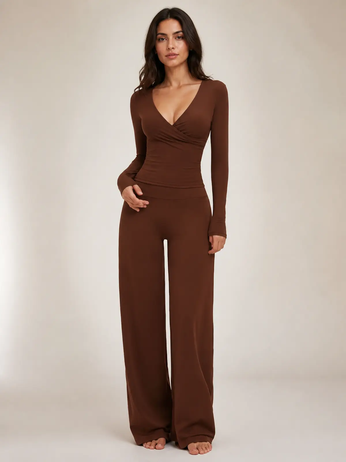 Sable Reverie Long-Sleeve Wrap Top and Wide-Leg Pants Set — chocolate brown — general — authoritative variation match