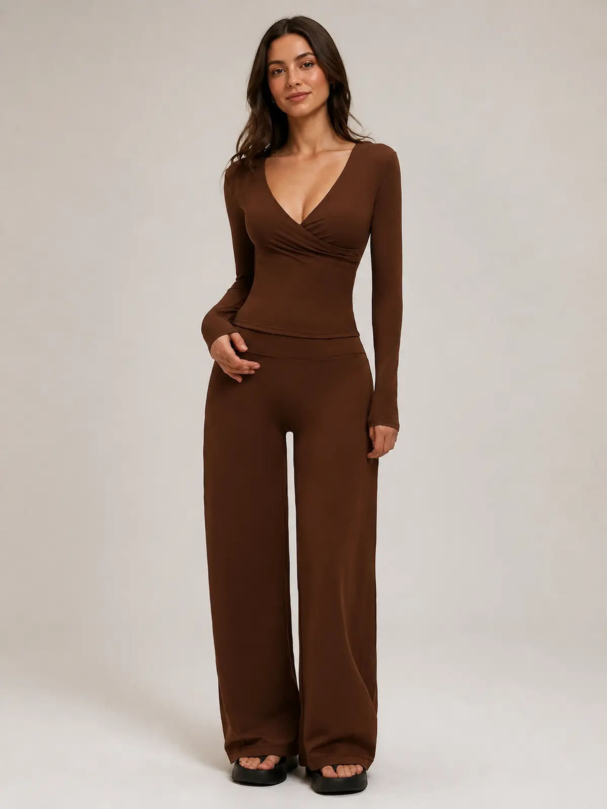 Sable Reverie Long-Sleeve Wrap Top and Wide-Leg Pants Set — chocolate brown — general — authoritative variation match