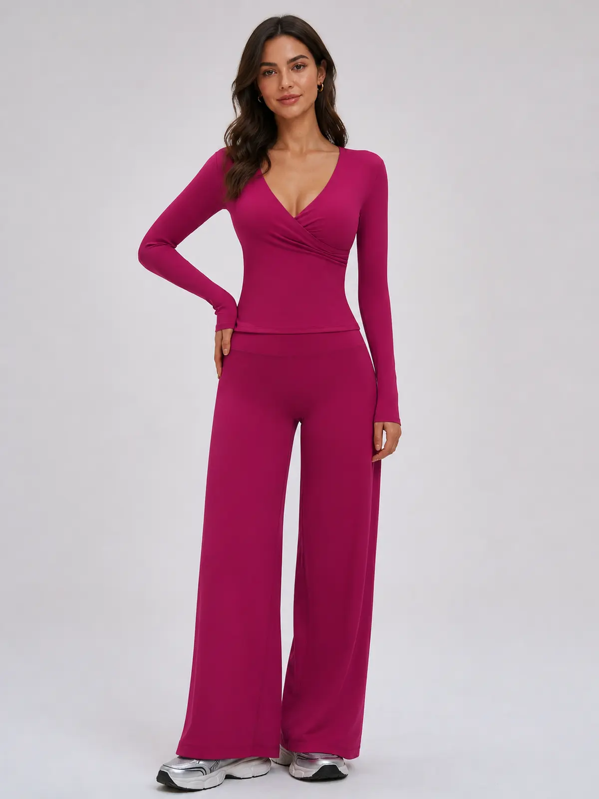 Sable Reverie Long-Sleeve Wrap Top and Wide-Leg Pants Set — rose violet — general — authoritative variation match