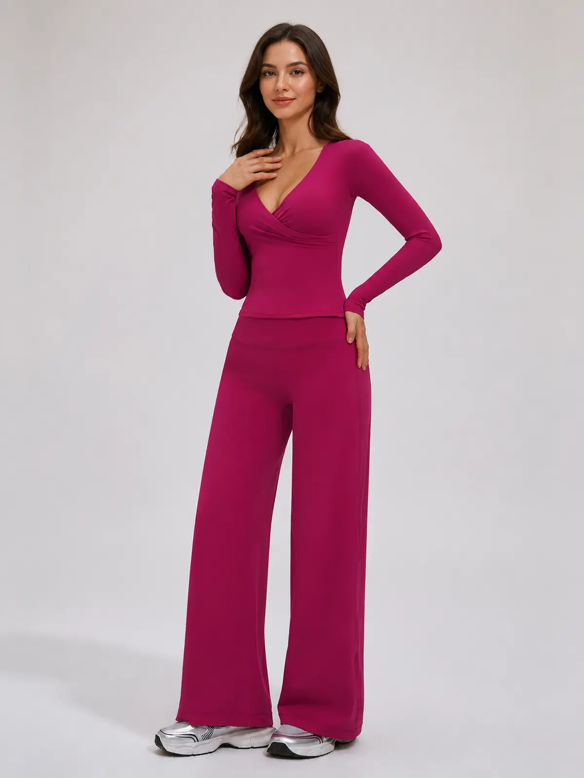 Sable Reverie Long-Sleeve Wrap Top and Wide-Leg Pants Set — rose violet — general — authoritative variation match