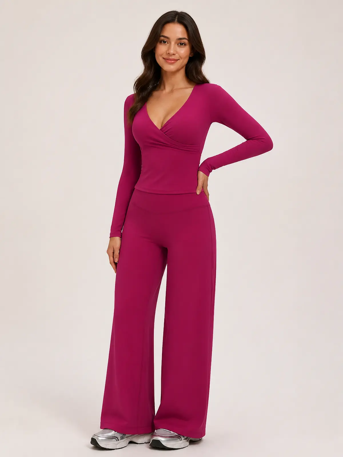 Sable Reverie Long-Sleeve Wrap Top and Wide-Leg Pants Set — rose violet — general — authoritative variation match