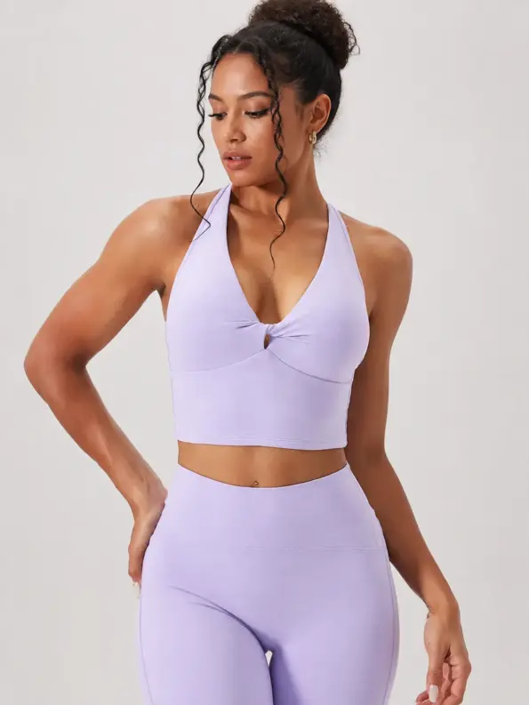 Saffron Halo Twist-Front Halter Sports Bra — lavender lilac — sports-bra — authoritative variation match