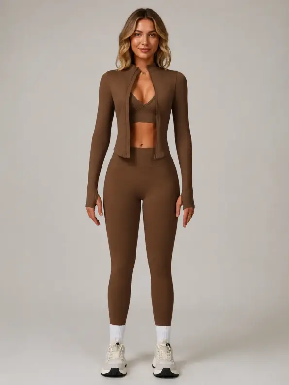 Saffron Trace Zip-Front Jacket, Sports Bra and Full-Length Leggings Set — dark coffee brown — general — authoritative variation match