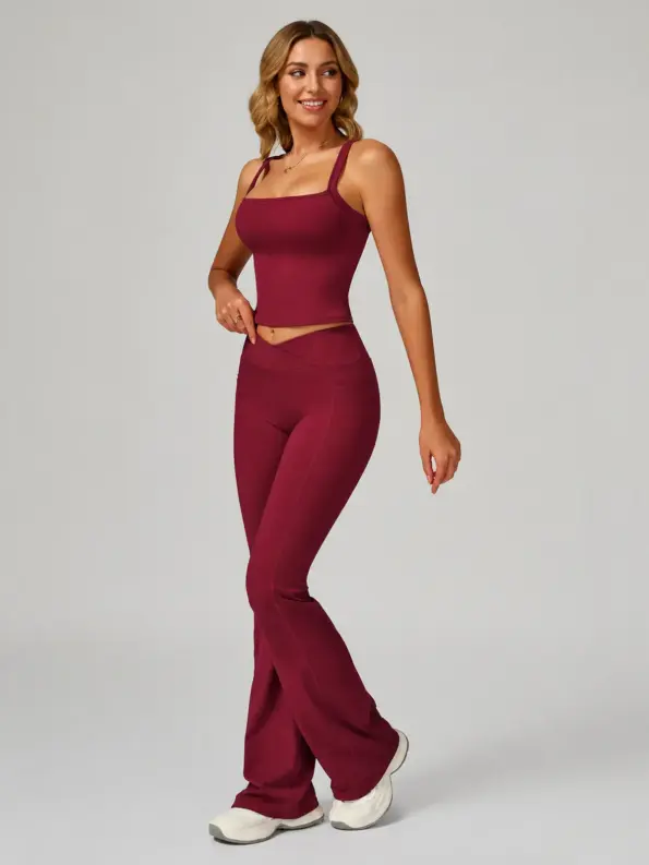 Saffron Vale Square-Neck Tank Top and Flare Leggings Set — cherry red — general — authoritative variation match