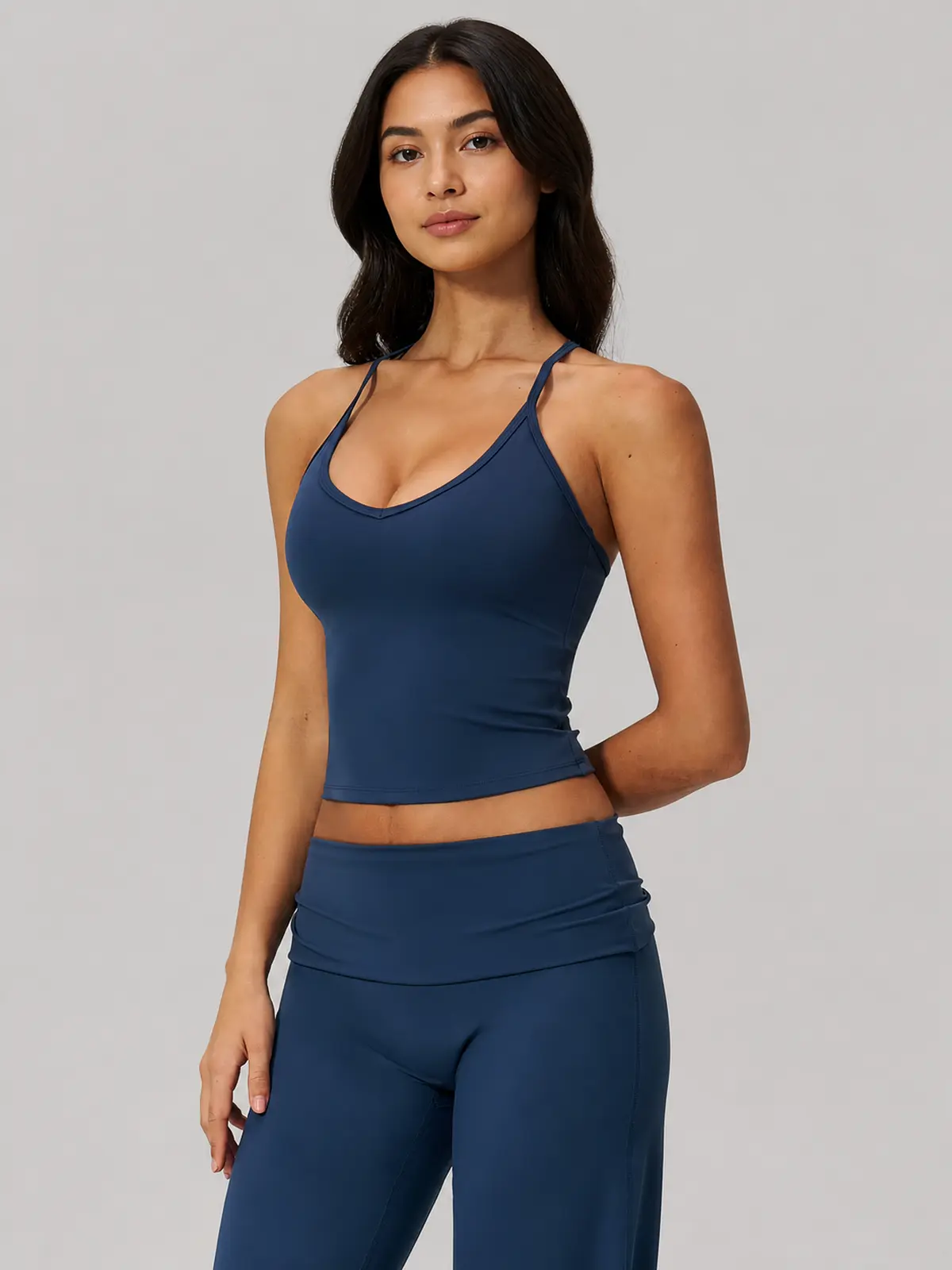 Sculpted Current Scoop-Neck Cropped Active Top — navy blue — general — authoritative variation match