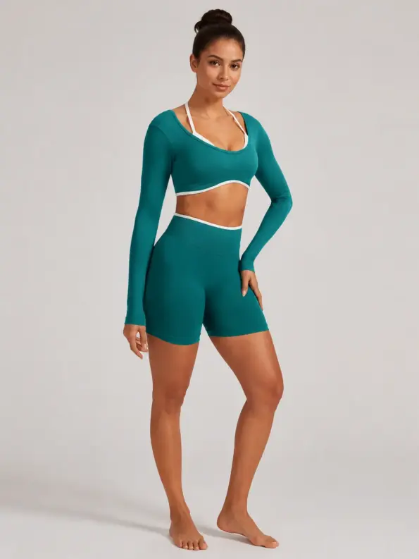 Selene Drift Long-Sleeve Crop Top and Bike Shorts Set — teal green with white trim — general — authoritative variation image