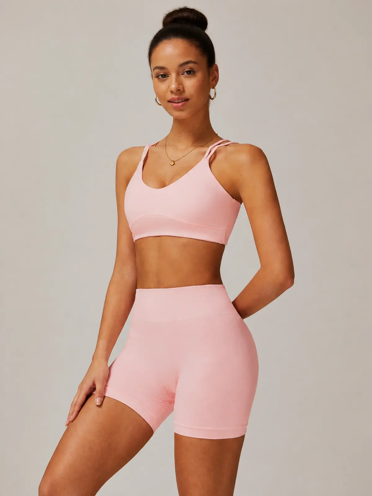 Serein Angle Sports Bra and Bike Shorts Set — pale pink — general — authoritative variation match