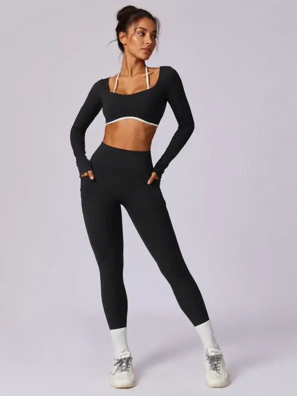 Serein Outline Long-Sleeve Contrast-Trim Crop Top — black — general — authoritative variation match