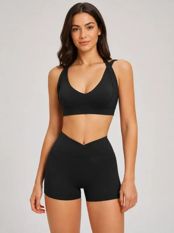Sienna Frame Scoop-Neck Sports Bra and Bike Shorts Set — black — general — authoritative variation match