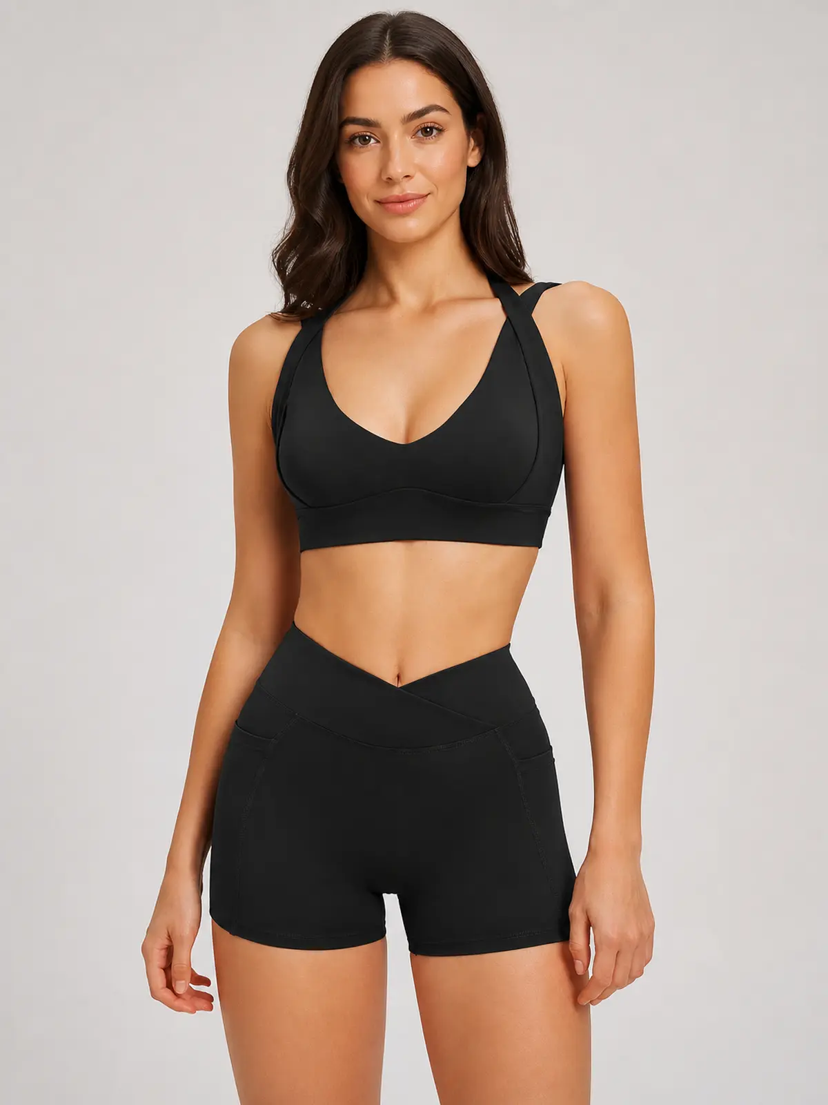 Sienna Frame Scoop-Neck Sports Bra and Bike Shorts Set — black — general — authoritative variation match