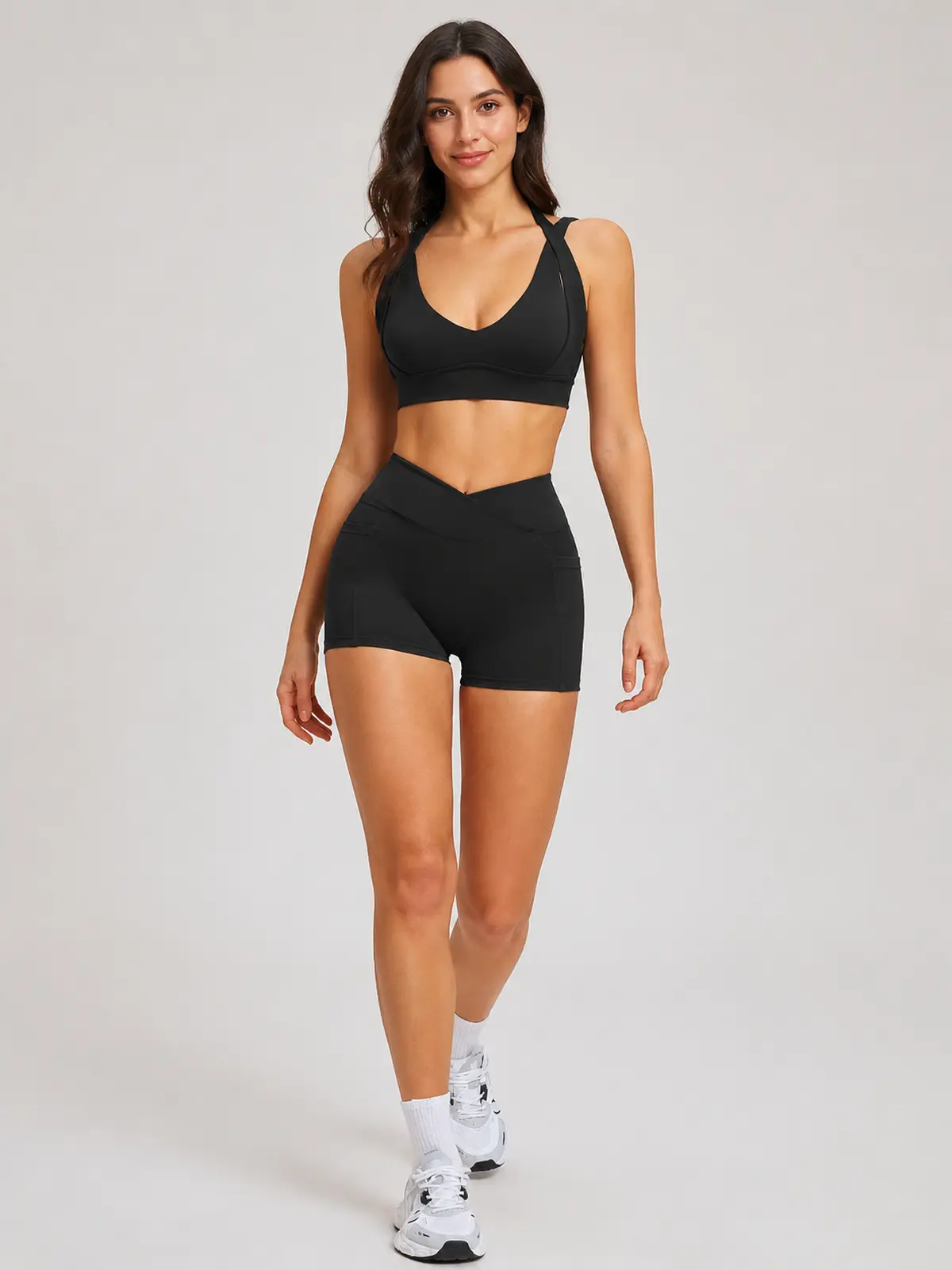 Sienna Frame Scoop-Neck Sports Bra and Bike Shorts Set — black — general — authoritative variation match