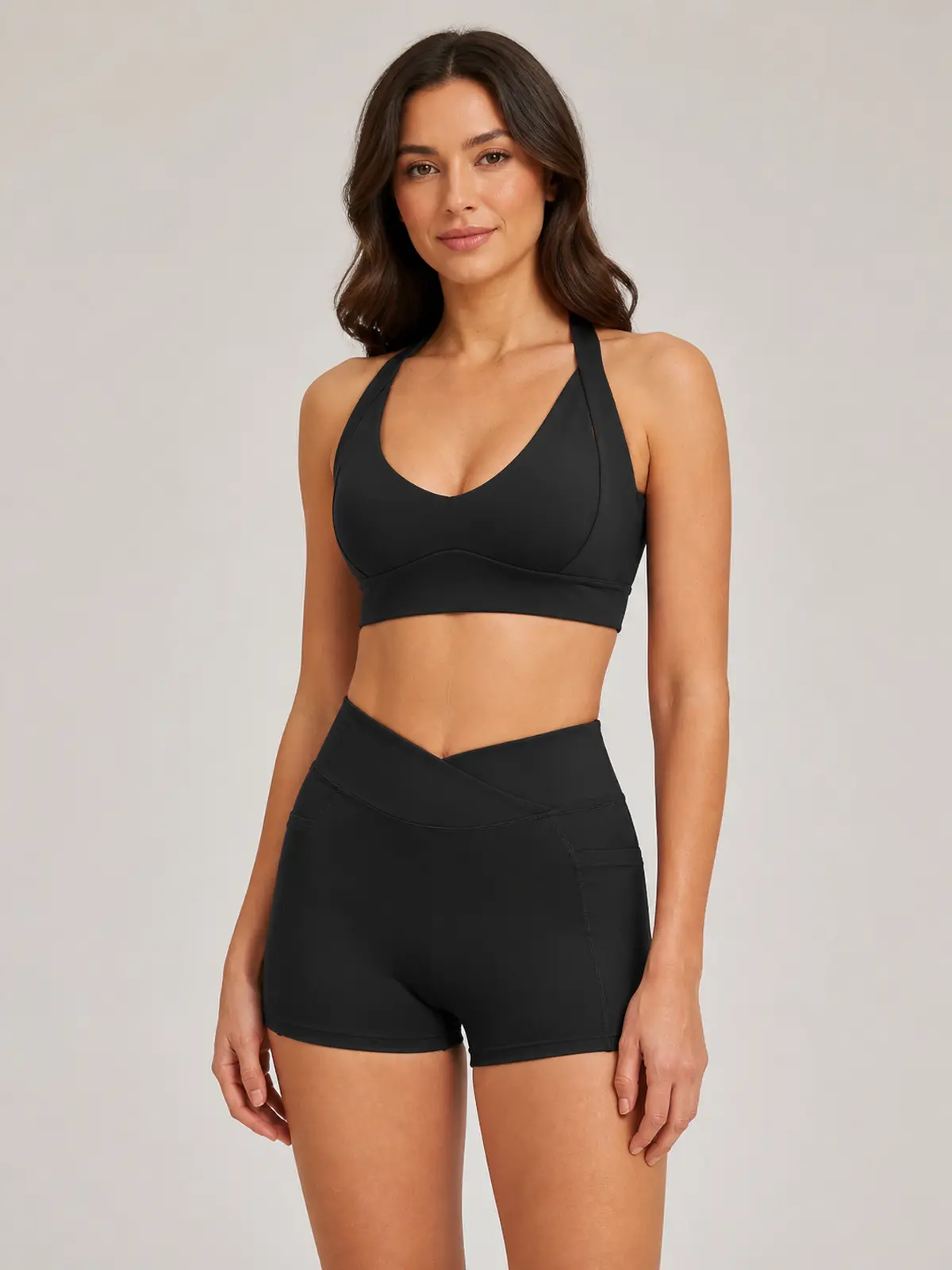 Sienna Frame Scoop-Neck Sports Bra and Bike Shorts Set — black — general — authoritative variation match