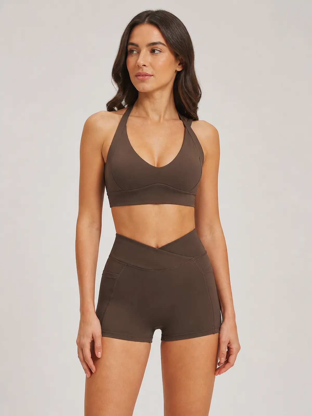 Sienna Frame Scoop-Neck Sports Bra and Bike Shorts Set — brown — general — authoritative variation match