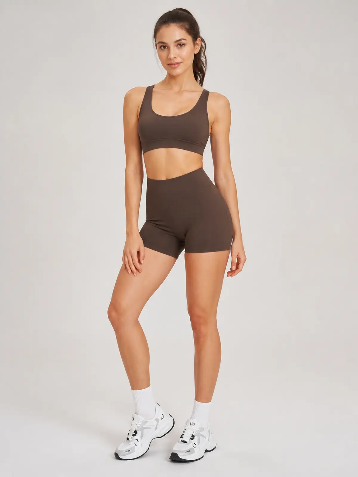 Sienna Frame Scoop-Neck Sports Bra and Bike Shorts Set — brown — general — authoritative variation match