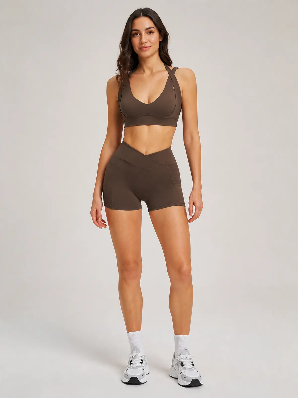 Sienna Frame Scoop-Neck Sports Bra and Bike Shorts Set — brown — general — authoritative variation match