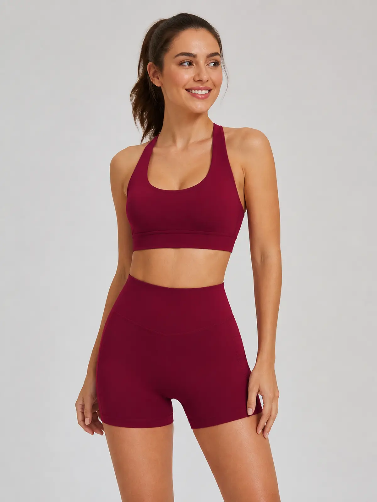 Sienna Frame Scoop-Neck Sports Bra and Bike Shorts Set — cherry red — general — assigned human anchor cluster