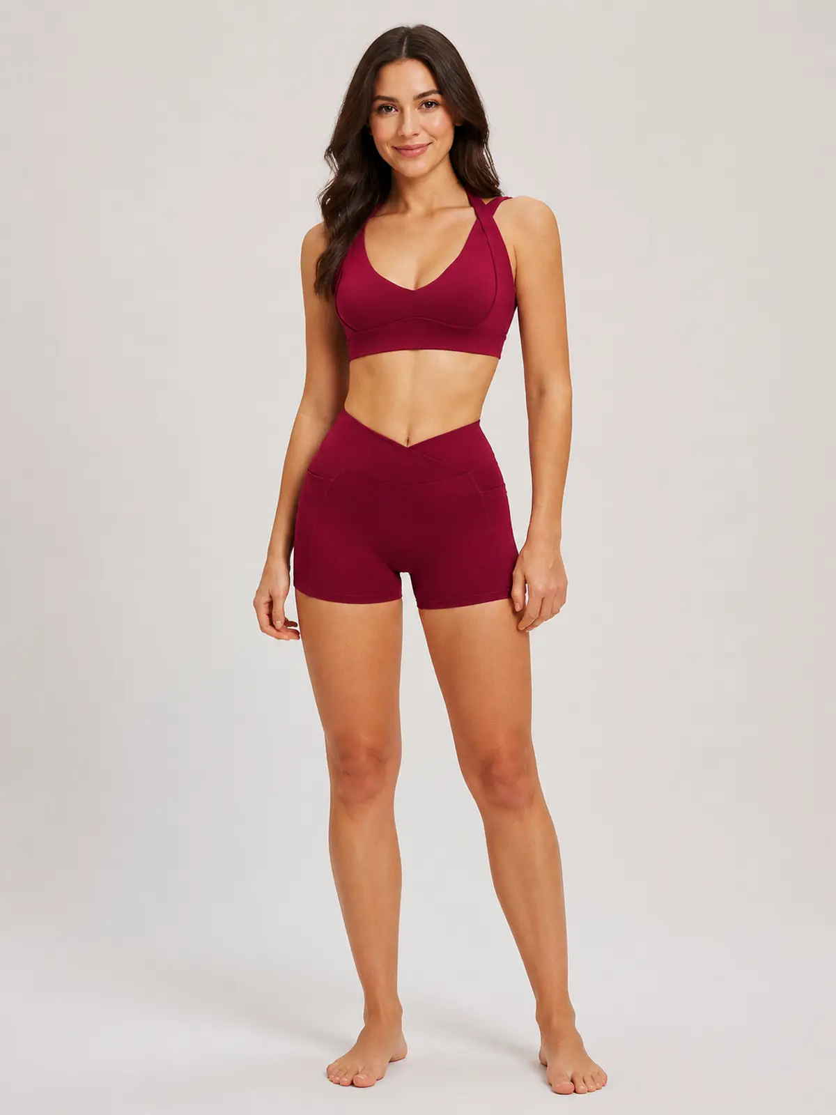 Sienna Frame Scoop-Neck Sports Bra and Bike Shorts Set — cherry red — general — authoritative variation match