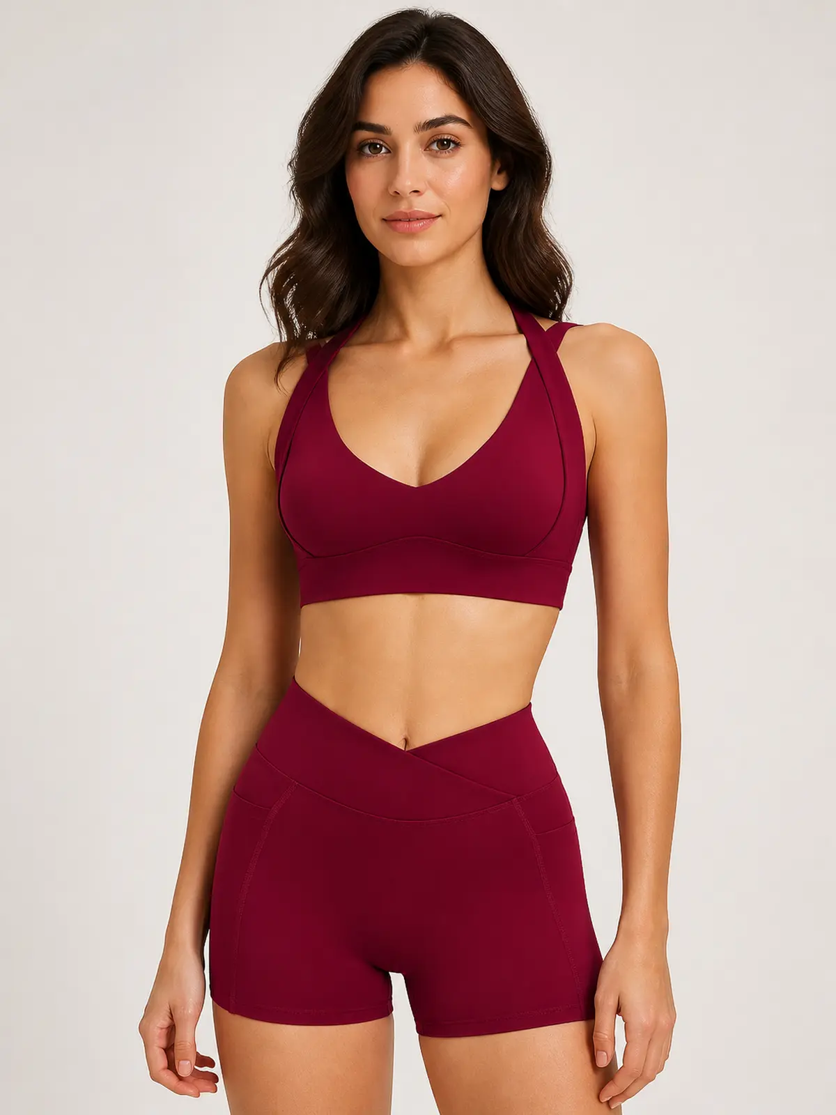 Sienna Frame Scoop-Neck Sports Bra and Bike Shorts Set — cherry red — general — authoritative variation match