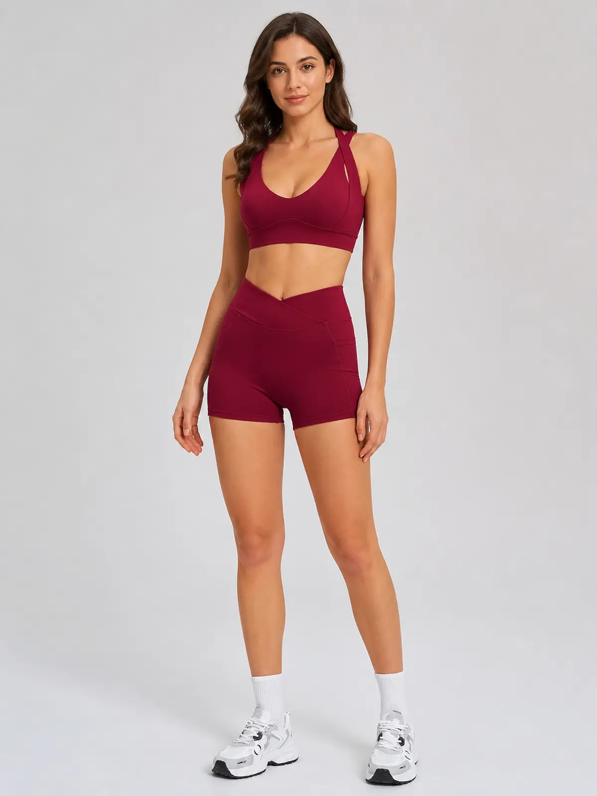Sienna Frame Scoop-Neck Sports Bra and Bike Shorts Set — cherry red — general — authoritative variation match